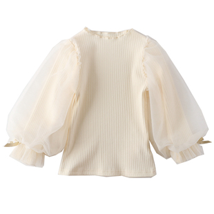 女童秋装上衣纱袖新款洋气儿童宝宝公主泡泡袖打底衫纯棉长袖T恤