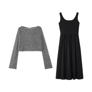 水云间连衣裙镂空针织衫黑色吊带背心长裙女两件套装裙2025春新款