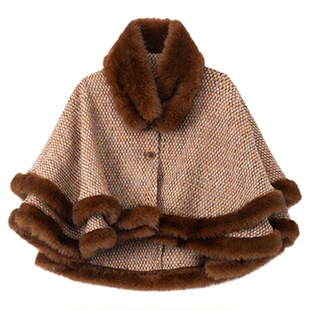 司童 甜美风彩点花呢毛领斗篷上衣冬新款宽松复古羊毛短款外套女