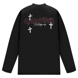 404MOB痞帅十字架印花重磅长袖T恤男ins潮牌高街宽松休闲纯棉上衣