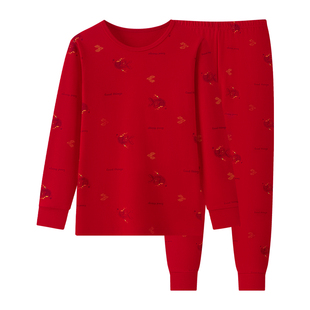 红豆儿童本命年鱼灯系列内衣套装纯棉马年男童女童大红色秋衣秋裤