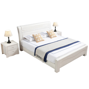 加厚全实木床白色橡木床现代简约2米大床主卧高档1.8米双人床储物