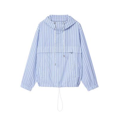 BLUE ERDOS26早春新品都市通勤棉混纺蓝白条纹抽绳连帽套头上衣女