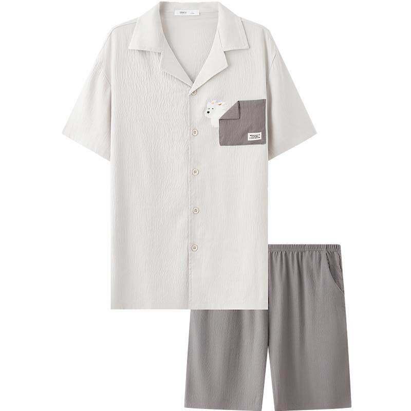 三福男夏季口袋小狗翻领睡衣套装 软绵绵宽松短袖家居服518196