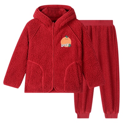 久岁伴男童睡衣2025新款冬珊瑚绒加厚12岁女孩本命年红色家居服套