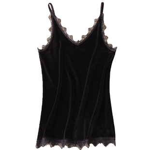 秋冬蕾丝内搭打底衫金丝绒丝绒吊带背心女士外穿短款薄绒上衣大码