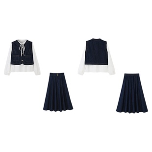 mc2牛仔马甲配衬衣加伞裙三件套装女装春秋季新款