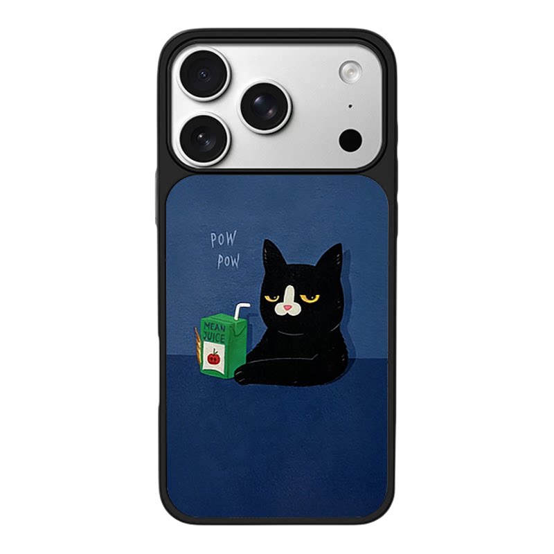 藏蓝底臭脸奶牛猫果汁盒插画适用苹果17promax新款手机壳iPhone air/16pro/15plus14玻璃13pro小众手机套冰感