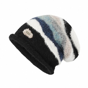 IIING帽控 复古条纹拼色卷边针织堆堆帽女秋冬显脸小百搭冷帽子潮