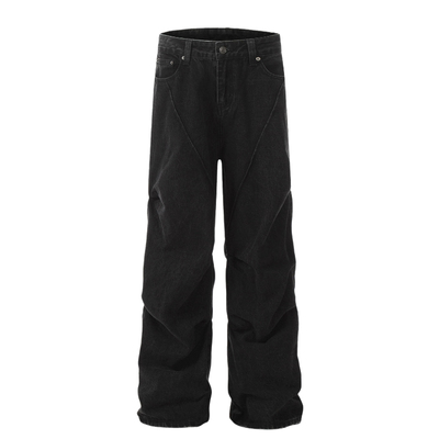 KYNOS 美式高街水洗黑色褶皱牛仔裤男女嘻哈宽松直筒拖地阔腿长裤