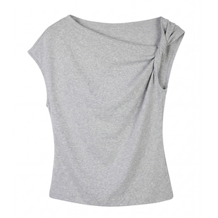 LINYUXI 不规则斜肩扭结短袖T恤女夏季设计感小众灰色短款上衣