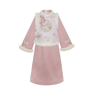 十三余童装[花篮梦语]国风套装冬季汉服女童刺绣外套连衣裙两件套