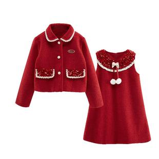 迪士尼女童红色套装冬装新款儿童外套背心裙两件套新年装拜年服