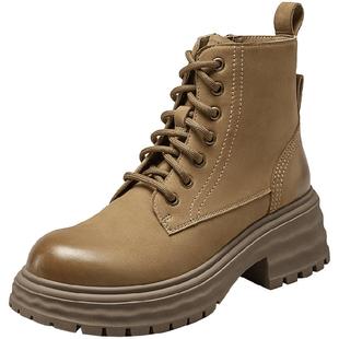 意尔康女鞋秋冬复古休闲马丁靴真皮粗跟单靴英伦厚底短靴女士皮鞋