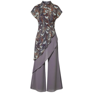 雪纺阔腿裤两件套女2026夏新款真丝印花上衣修身气质端庄时尚套装