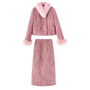 狐狸毛领小香风羽绒外套冬款套装长款裙子两件套2025新款爆款冬装