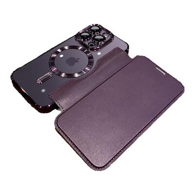 适用苹果17/15/16电镀金盾背面磁吸充电皮套手机壳iPhone14全包翻盖镜头膜镜头全包保护套