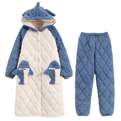 浪莎珊瑚绒夹棉睡衣情侣冬套装