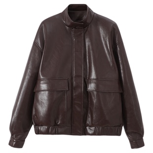 Jicouture立领油蜡感飞行员皮衣夹克女早秋复古美式防风PU皮外套