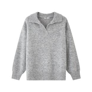 三福毛衣外穿2025新款冬季慵懒高级感小V翻领灰色上衣女装513171