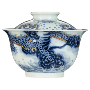 圣山景德镇柴窑青花龙腾盖碗手绘描金盖碗景德镇仿古陶瓷茶具盖碗