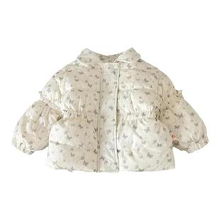 法国anseola女童羽绒服甜美碎花连帽外套韩系白鸭绒加厚保暖外套