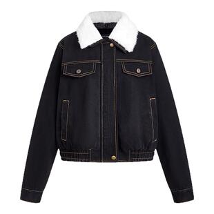 女装宽松翻领可拆卸毛领落肩牛仔外套时尚休闲复古保暖毛衣外套