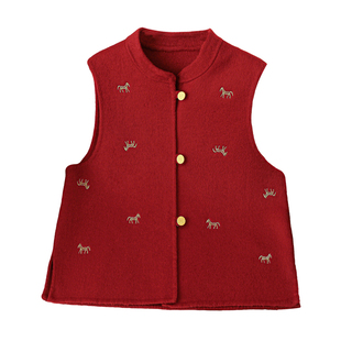 新款妈妈冬装洋气刺绣羊毛双面呢马甲外套女中老年新中式红色背心