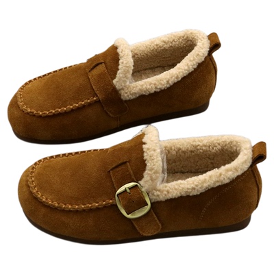 羊羔毛勃肯鞋女真皮加绒豆豆鞋