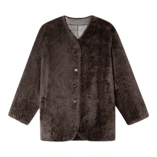 PSALTER诗篇皮毛一体不显臃肿小三角V领羊毛革皮草外套冬款