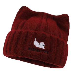 新年红可爱猫耳朵针织帽子女秋冬季加厚保暖护耳毛线帽显脸小冷帽