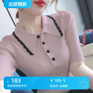 冰丝短袖t恤女夏季纯色薄款小香风针织衫修身半袖POLO领上衣大码