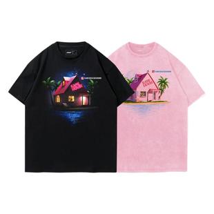 TEE7龙珠龟仙人度假小屋水洗做旧复古怀旧纯棉宽松短袖T恤ins爆款