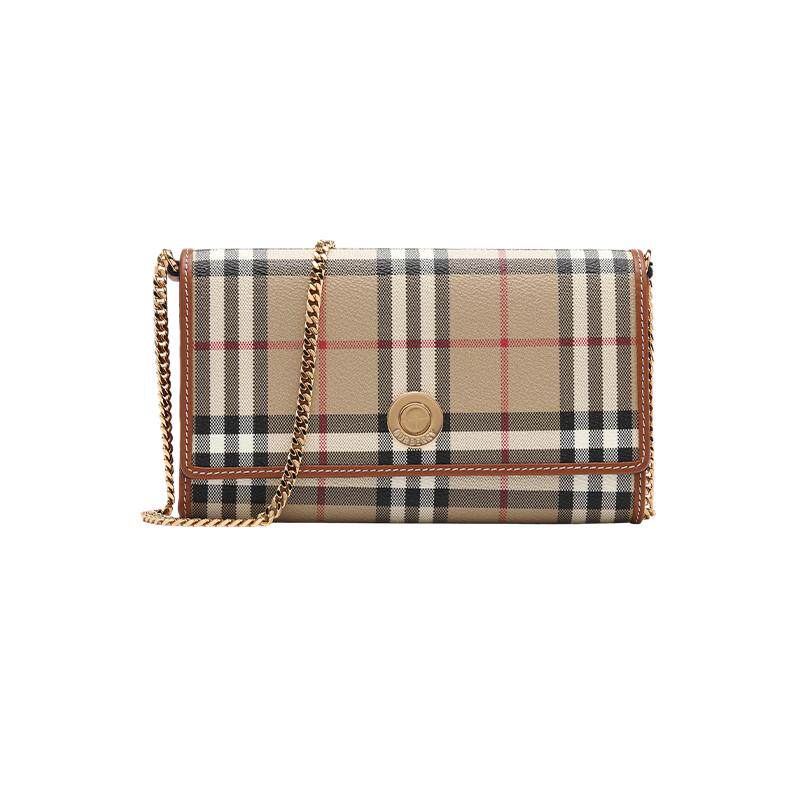 【自营】BURBERRY/博柏利女士格纹图案翻盖按扣链条单肩斜挎包