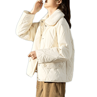 唐狮棉服新款秋冬夹棉女外套冬装短款菱格棉衣白色女款冬季