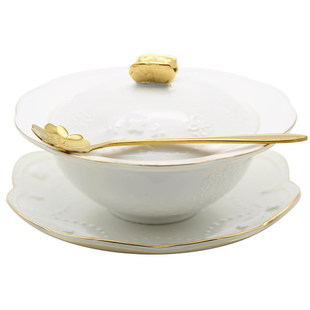 金蝴蝶带盖燕窝碗瓷碗 浮雕碗 鱼翅盅 银耳糖水碗布丁