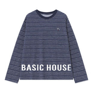 Basic House/百家好圆领小众设计超好看长袖T恤女春季细条纹上衣