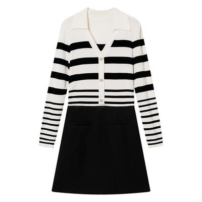 Goodland美地2024春季新款Bridget Riley条纹假两件连衣裙