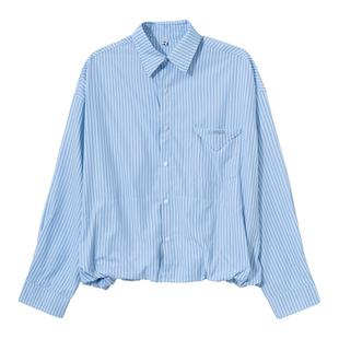 Hualun春秋季蓝色竖条纹衬衫男生高级感痞帅长袖收腰纯棉潮流衬衣