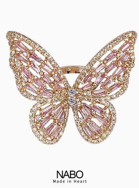 彩钻方钻镂空满天星夸张立体蝴蝶开口戒指女小众设计可调节超仙