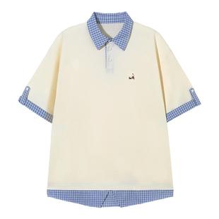 PSO Brand 男装女装假两件遛狗小人针织刺绣短袖POLO衫女短款上衣