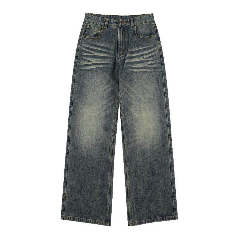 98SQUID 美式怀旧vintage水洗猫须牛仔裤男女宽松阔腿休闲长裤潮