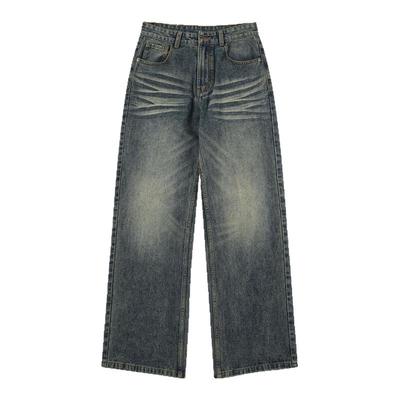 98SQUID 美式怀旧vintage水洗猫须牛仔裤男女宽松阔腿休闲长裤潮