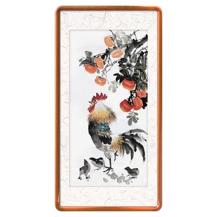 金鸡报晓画 手绘公鸡画 柿子画 事事如意国画 雄鸡一声天下白挂画