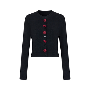 创世纪元黑色正肩羊毛针织开衫法式立体玫瑰花植绒蝴蝶结毛衣外套