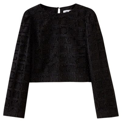 水云间黑色短款长袖T恤女正肩上衣立体毛边小众设计感小衫2025秋