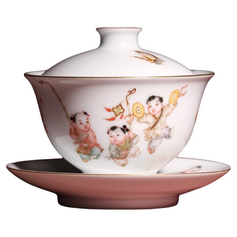 自慢堂手绘粉彩婴戏茶具