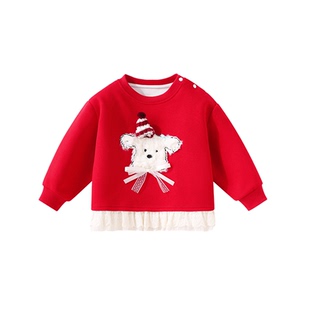 红色卫衣女童新年圆领薄款女宝过年衣服春装宝宝拜年服儿童上衣