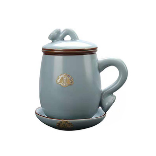 汝窑茶杯冰裂个人杯子办公室茶具带盖陶瓷四件套过滤开片品茗单杯