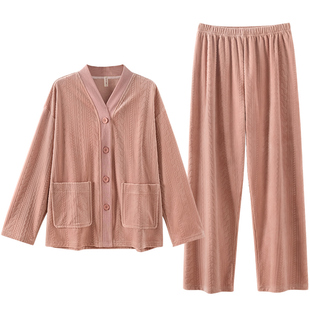 女士睡衣秋冬款冬季珊瑚绒薄绒大码开衫月子家居服春秋保暖海岛绒